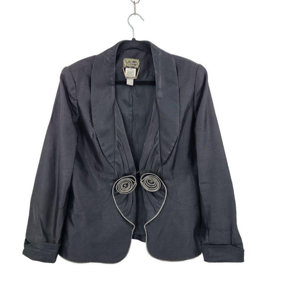 Vintage 80s Silk Blazer 16 Black 3D Zipper Heart Hook Closure Steampunk‎ Cosplay